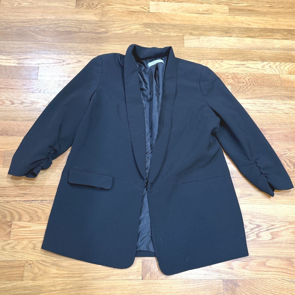 Kasper Womens Black Shawl Collar Ruched 3/4 Sleeve Open Front Blazer Size 12